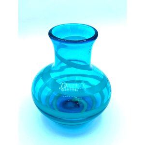 Vintage Blue & Green Swirled Hand-Blown Small Glass Vase/Vintage 1990's